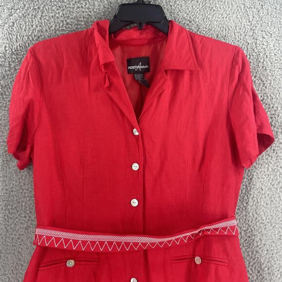 Positive Attitude Dress Womens 14 Red Linen Blend Button Front Midi Dress - Picture 9 of 15
